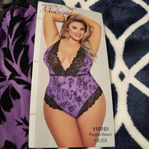 NWT SEVEN TIL MIDNIGHT Purple Black Flocked Lace Lingerie Womens Size 1X/2X - Picture 6 of 7